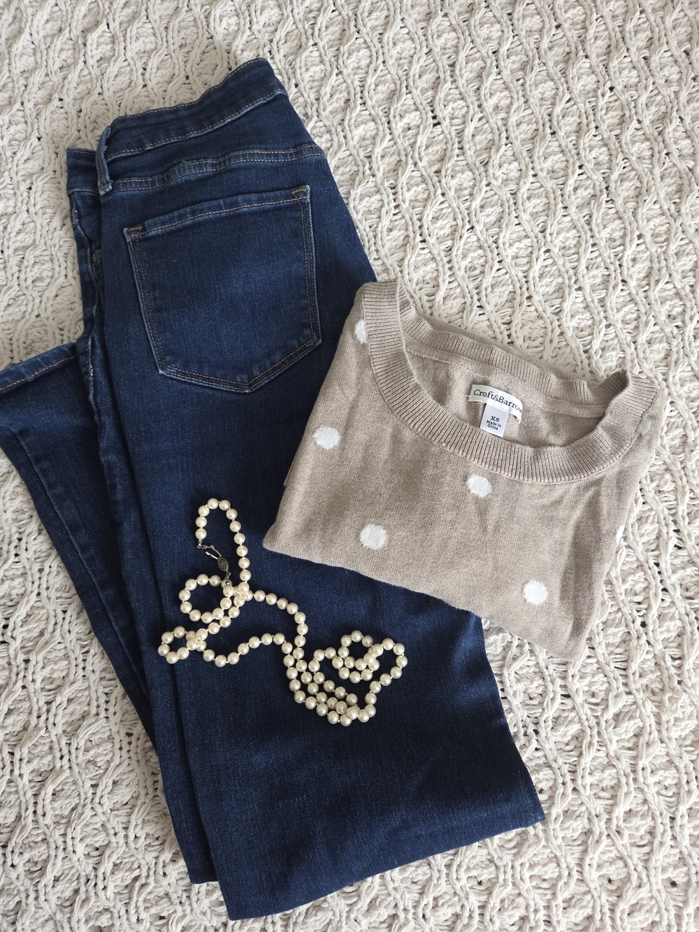 croft & barrow Tan Crewneck Sweater with Cream Polka Dots
